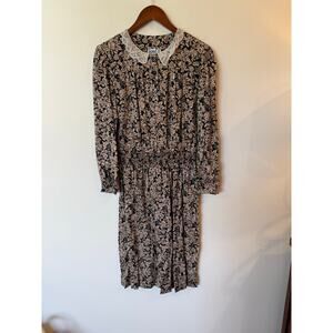 VTGTaurus II Long Sleeve Lace Trim Smocked Waist Midi Dress Floral Black Size 12